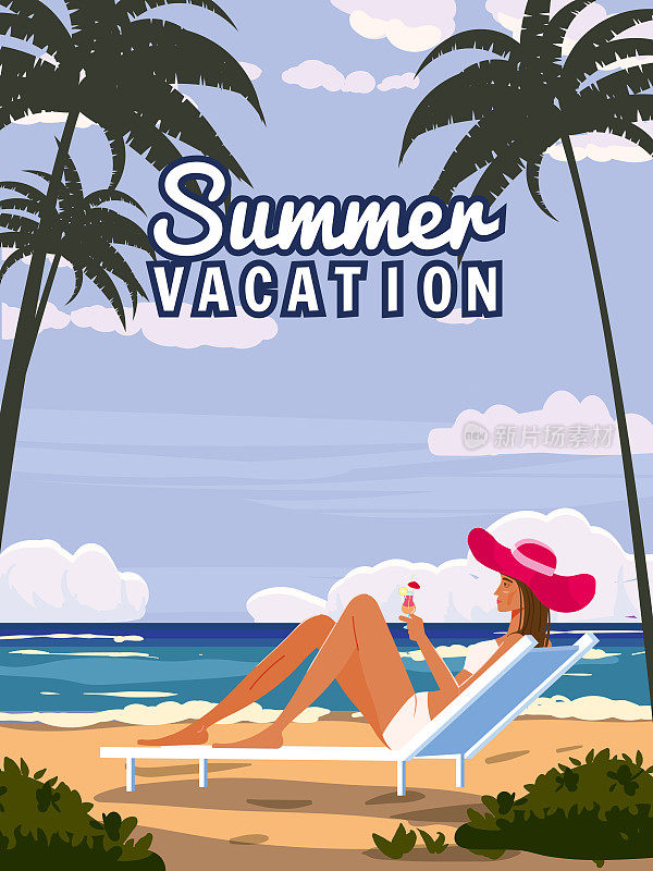 暑假女人躺椅与鸡尾酒杯在红色的帽子在海滩，海岸热带度假村，棕榈树，海洋。复古海报Time To Travel